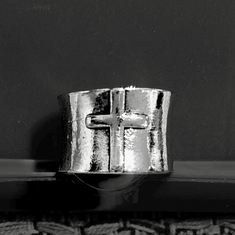 New Silver Tone Cross Ring Wide Band Unisex